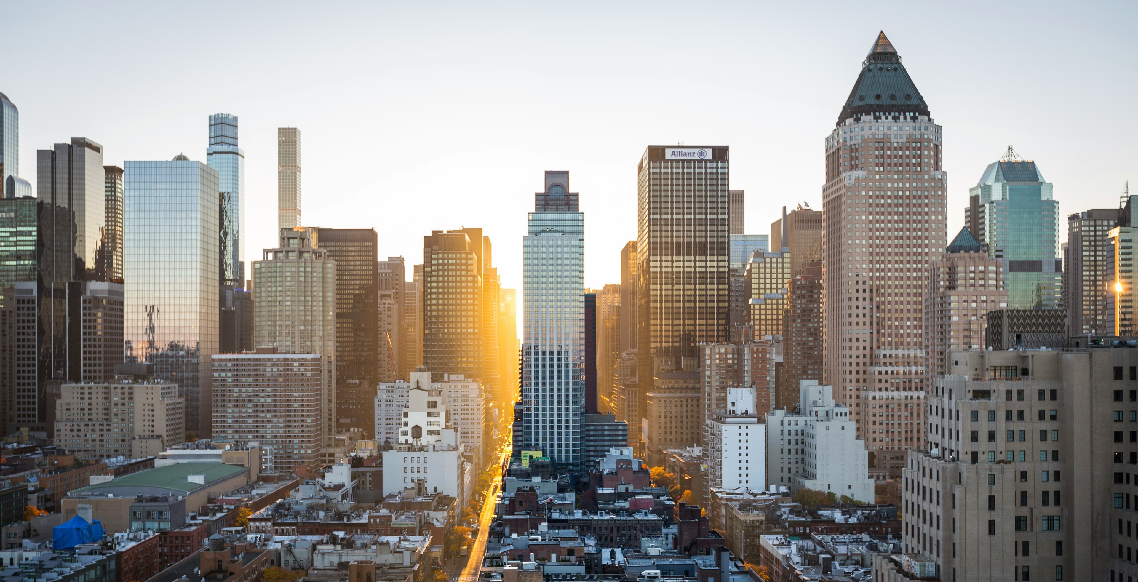 City skyline with diverse high-rise buildings from different eras